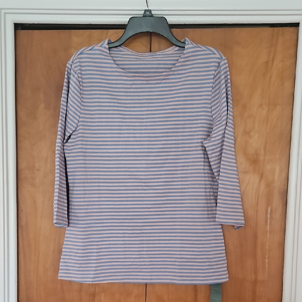 Remidoo Pink and Blue Fitted 3/4 Length Sleeve Tee Striped Blouse Large